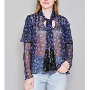 Diane Von Furstenberg Women Silk Top Sz 4 (S)  Bow Tie Front Black Floral Sheer